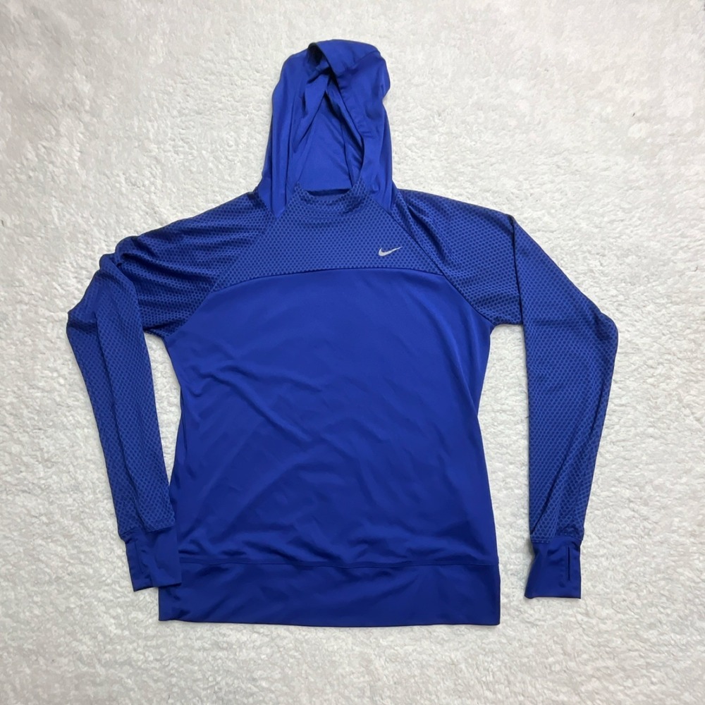 Nike Women's Blue Dri-FIT Geometric Knit Pullover Hoodie Crew Neck Logo Size L